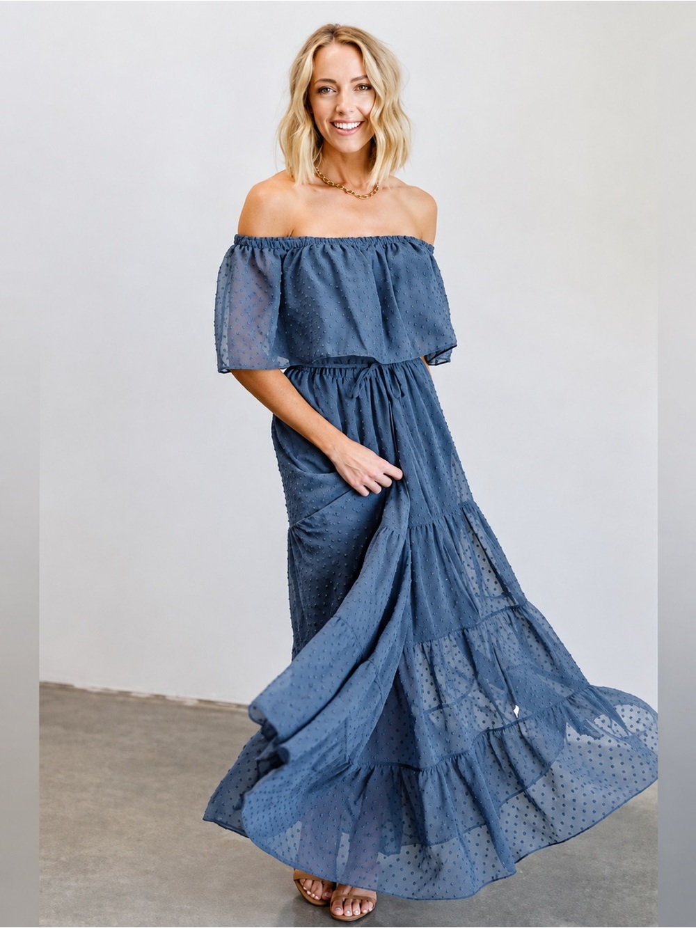 New Baltic Born Blue Swiss Dot Off Shoulder Tiered Maxi Dress